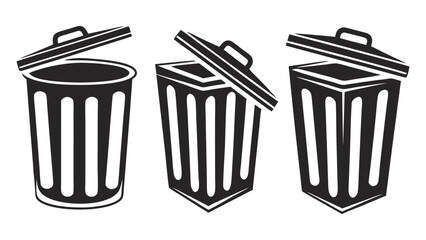 Three black trash cans with open lids on a white background garbage can waste bin
