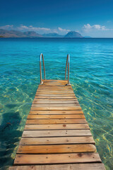 Fototapeta premium Wooden dock with metal ladder leading into blue sea