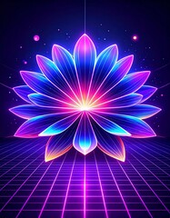 Iridescent abstract art with neon glow paint on black background, featuring minimalist flower forms, zen brushstrokes, and dramatic luminous drops in shimmering colors.