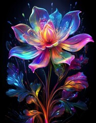 Iridescent abstract art with neon glow paint on black background, featuring minimalist flower forms, zen brushstrokes, and dramatic luminous drops in shimmering colors.