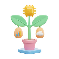 3D AI growth concept. Plant with AI chip, data chart, and cloud computing. Isolated on transparent background, png