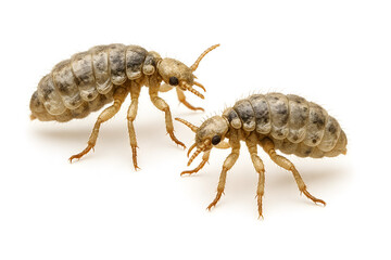 Obraz premium Macro Image of Two Insect Nymphs with Segmented Armor-like Bodies and Fine Hairs Isolated on White Background for Biology and Entomology Concepts