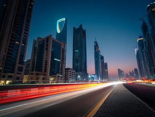 Obraz premium City skyline at night with blurred traffic lights on the road