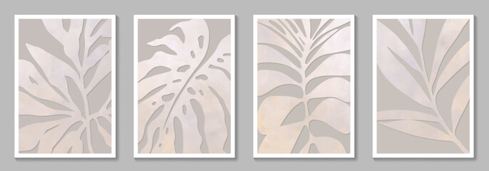 Set of vector posters with flowers and watercolor texture for wall art, interior, packaging, postcard, cover design. Abstract leaves and flowers, leaf branch. Earth tone colors Illustration.