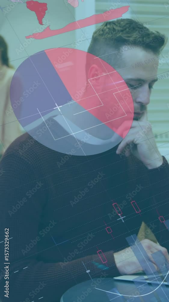 Poster animation of infographic interface over smiling caucasian man typing on keyboard of laptop