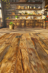 Obraz premium A close-up of a rustic wooden tabletop with a blurred background showing a cozy farmhouse kitchen interior with wooden cabinets and shelves.