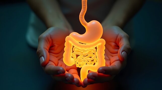 Glowing digestive system model held in caring hands