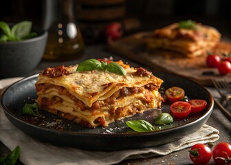 Layered lasagna with basil and tomatoes italian food
