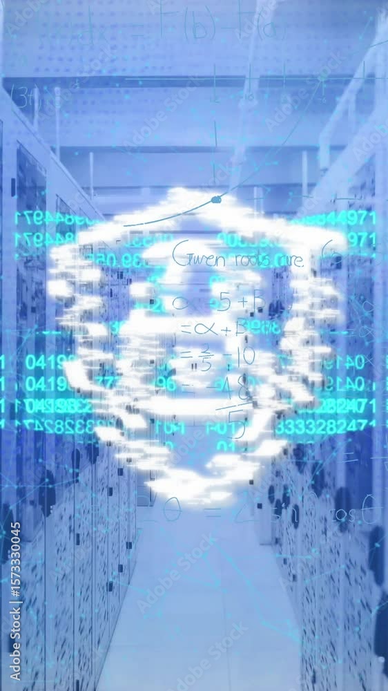 Poster animation of padlock in shield, numbers forming blockchain over server room