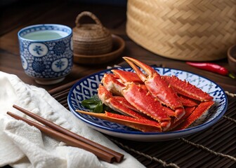 Snow crab legs with dipping sauce and chopsticks seafood