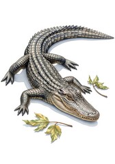 Fototapeta premium American Alligator Illustration - Detailed illustration of an American alligator, showcasing its textured skin and powerful physique, set against a white background with leaves