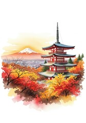 Obraz premium Autumn Pagoda and Mountain View - Scenic watercolor painting of a Japanese pagoda nestled amongst autumn foliage, with Mount Fuji in the background
