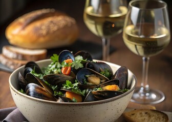 Steaming mussels with white wine and bread seafood
