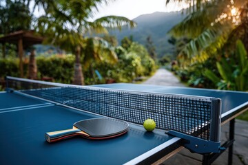 Ping pong table set against a lush backdrop at sunset inviting energetic matches with friends