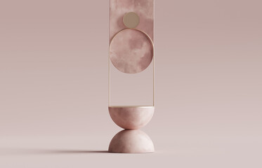 3D podium display levitating on pastel pink background. Cosmetic beauty product promotion pedestal with gold. Frame showcase. Abstract minimal studio 3D render mockup.