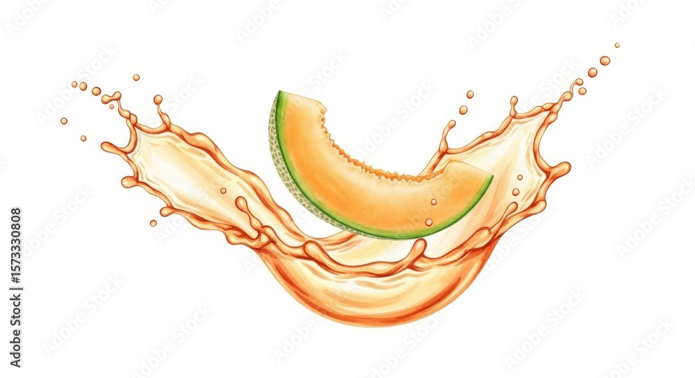 Poster cantaloupe splash - a vibrant of a cantaloupe slice splashing into its own juice, creating a dynamic