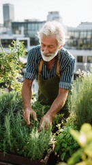 Fototapeta premium full-body, elderly male gardener tending flowers in urban rooftop garden, lush greenery, peaceful and content, natural sunlight