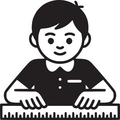 A cartoon boy with black hair and a black shirt holding a ruler on a light gray background illustration