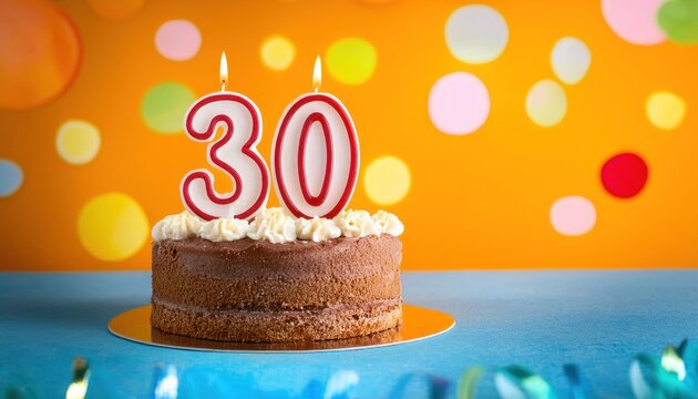 Happy 30th Birthday Cake with Candles and Vibrant Backdrop
