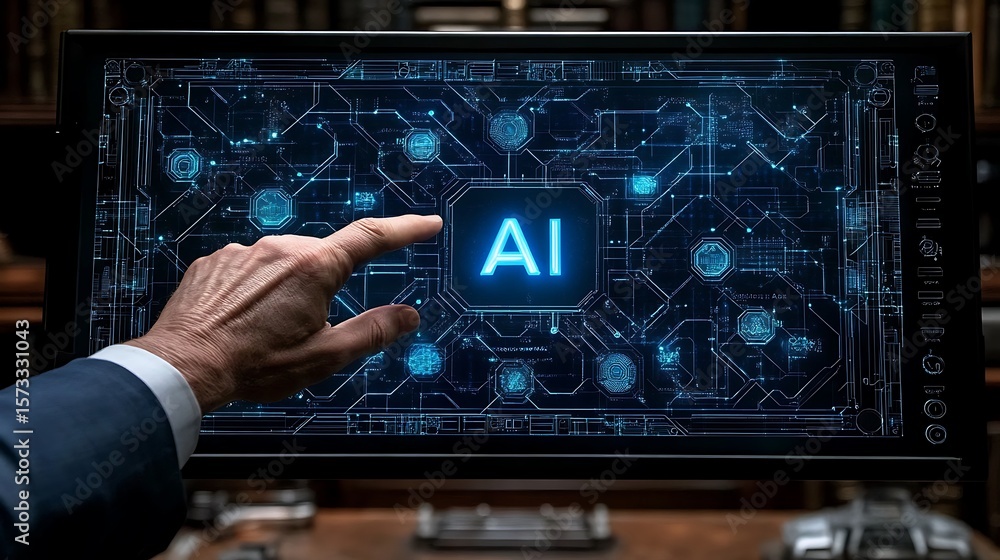 Fototapete a hand points to the word ai on a screen displaying complex circuit patterns.