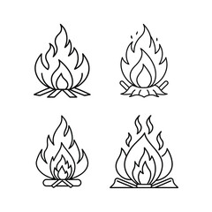 Bonfire line art set of vector illustration