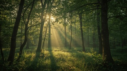 Sunlight streams through a lush forest, illuminating the trees and the ground.