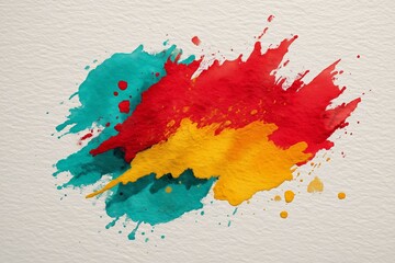 Vibrant splashes of turquoise, red, and yellow paint are generously applied across a textured white paper, showcasing an energetic, abstract art style that invites creativity.