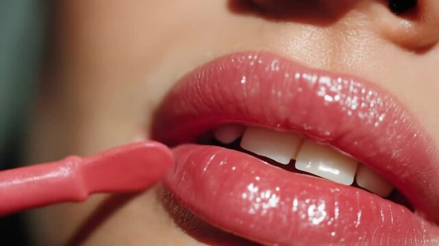 Close-up of a person's mouth with glossy pink lip gloss being applied with a doe-foot applicator.