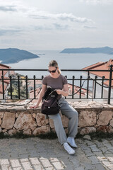 ourney, young woman embarks solo journey, middle breathtaking mountain panorama. Embracing self-care digital nomad lifestyle, freedom, adventure and personal growth