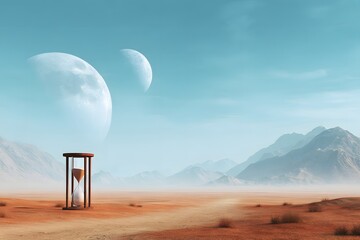 Surreal desert landscape featuring an hourglass structure, two moons in the sky, and distant mountains, evoking a sense of time and vastness in an otherworldly environment