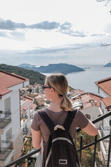 ourney, young woman embarks solo journey, middle breathtaking mountain panorama. Embracing self-care digital nomad lifestyle, freedom, adventure and personal growth