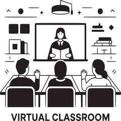 Illustration of a virtual classroom with students and a teacher on a screen reading a book