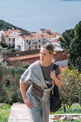 ourney, young woman embarks solo journey, middle breathtaking mountain panorama. Embracing self-care digital nomad lifestyle, freedom, adventure and personal growth