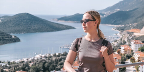 ourney, young woman embarks solo journey, middle breathtaking mountain panorama. Embracing self-care digital nomad lifestyle, freedom, adventure and personal growth