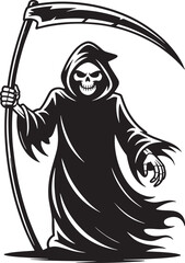 Grim Reaper with scythe Halloween black silhouette vector, spooky simple silhouette design icon on white background, Halloween clipart illustration