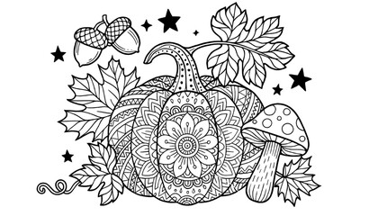 autumn harvest mandala pumpkin with fall elements line art. halloween and thanksgiving mandala pumpkin line art for adult coloring book.