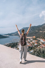 ourney, young woman embarks solo journey, middle breathtaking mountain panorama. Embracing self-care digital nomad lifestyle, freedom, adventure and personal growth
