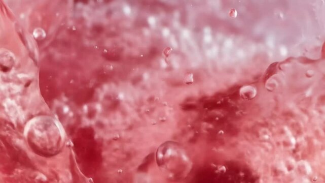 Close-up view of red liquid with bubbles and two round, slightly darker red objects, one at the top and one partially submerged.