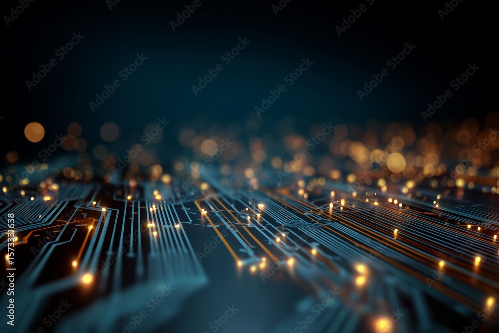 Poster a close-up view of a circuit board features vibrant, glowing lights interconnected by intricate desi
