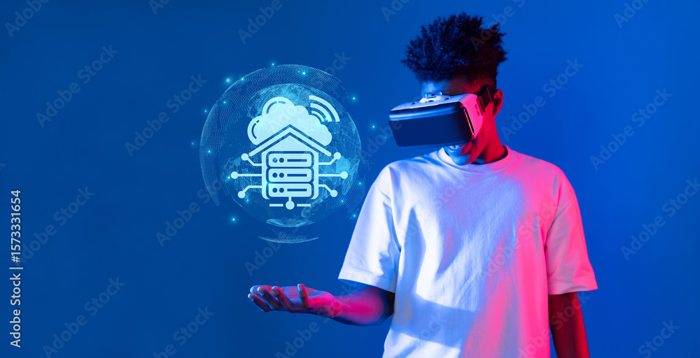 Poster a young man interacts with a virtual reality headset, surrounded by holographic elements representin