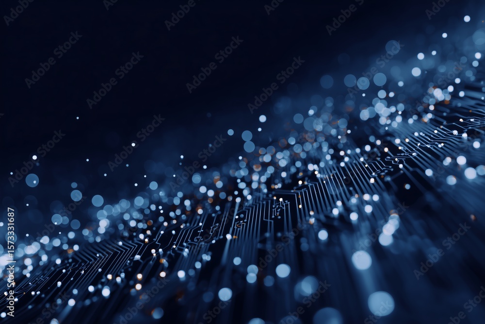 Poster glowing blue dots and lines create an intricate pattern resembling a circuit board, evoking a sense 