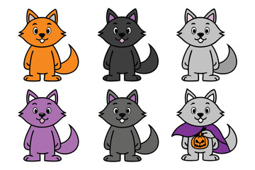 Six cartoon wolves orange black gray purple holding pumpkin vector