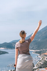 ourney, young woman embarks solo journey, middle breathtaking mountain panorama. Embracing self-care digital nomad lifestyle, freedom, adventure and personal growth