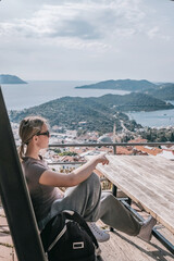 ourney, young woman embarks solo journey, middle breathtaking mountain panorama. Embracing self-care digital nomad lifestyle, freedom, adventure and personal growth