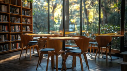 Cozy library cafe with tables, chairs, bookshelf, large window view of sunny trees