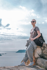 ourney, young woman embarks solo journey, middle breathtaking mountain panorama. Embracing self-care digital nomad lifestyle, freedom, adventure and personal growth
