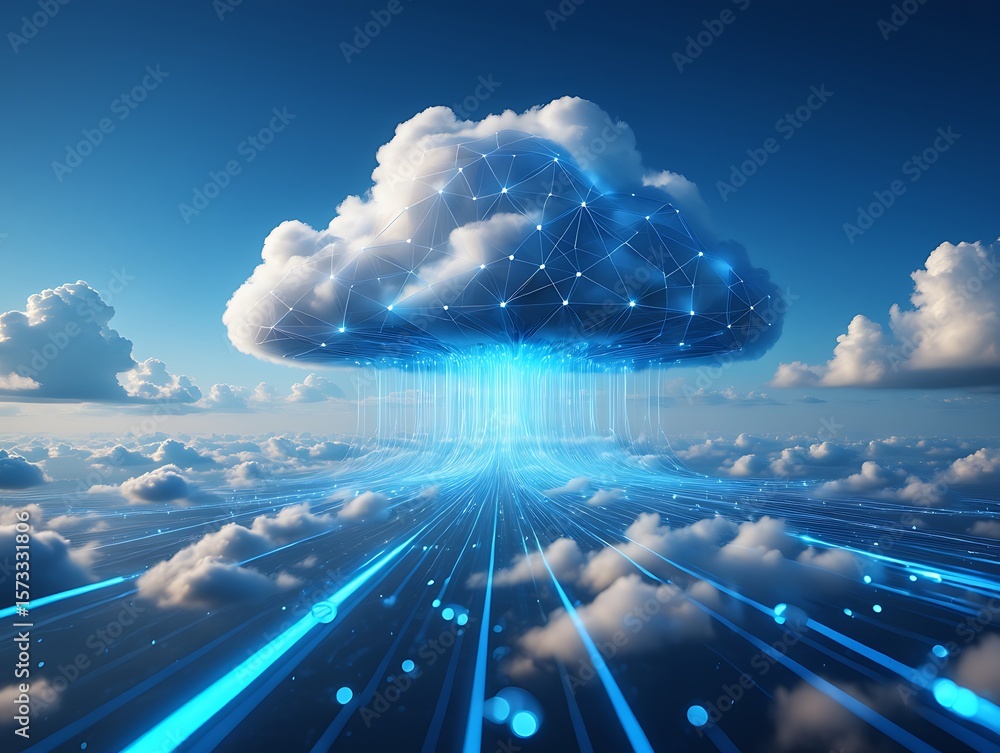 Poster a cloud computing network connects in the sky above the clouds
