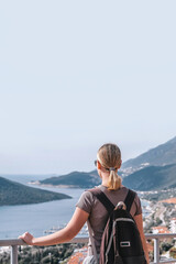 ourney, young woman embarks solo journey, middle breathtaking mountain panorama. Embracing self-care digital nomad lifestyle, freedom, adventure and personal growth