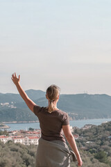 ourney, young woman embarks solo journey, middle breathtaking mountain panorama. Embracing self-care digital nomad lifestyle, freedom, adventure and personal growth