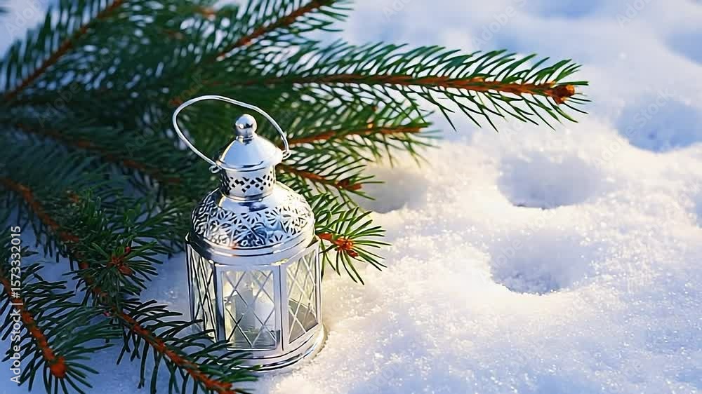 Poster small lantern sits on top of a pine tree branch in the snow. the lantern is surrounded by snow and p